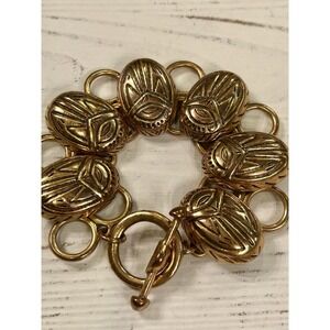Oscar de la Renta Vtg 80s Runway Scarab Revival Gold Plate Toggle Bracelet Rare